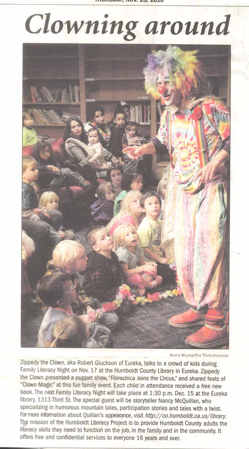 Eureka Times-Standard newspaper article about Zippedy the Clown's puppet and magic show at the Eureka Library.